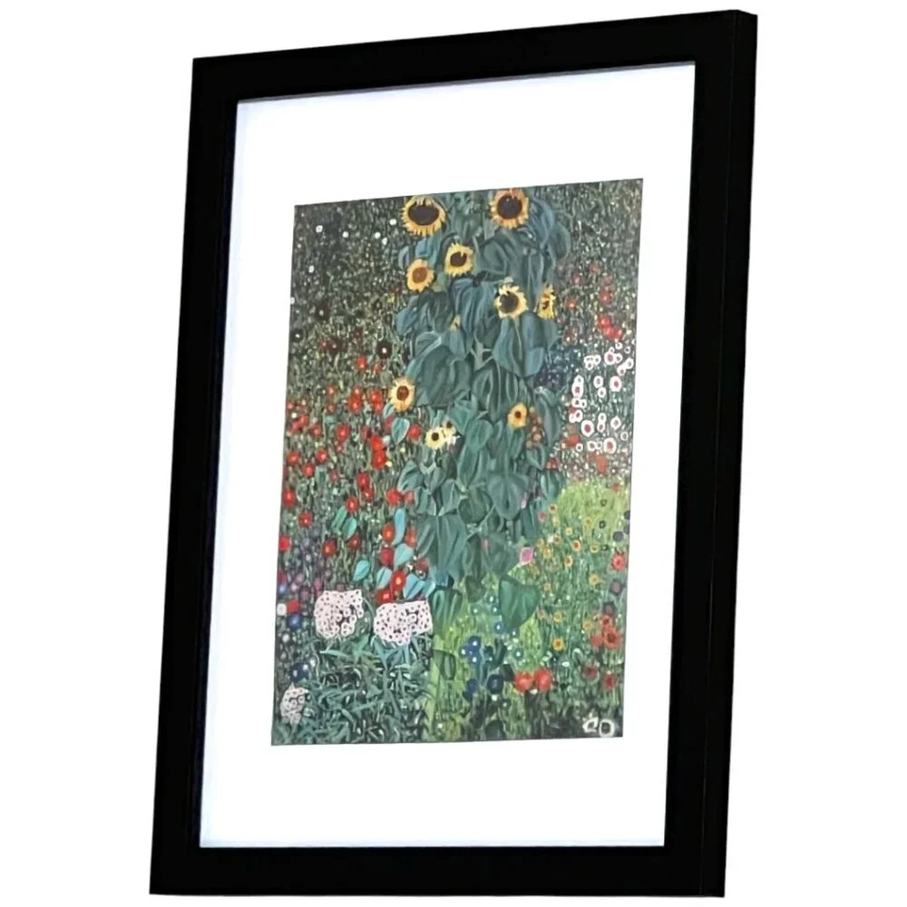 KLIMT Framed Print on Canvas "Farm Garden with Sunflowers" Mat--Ready to Hang - Picture 1 of 11
